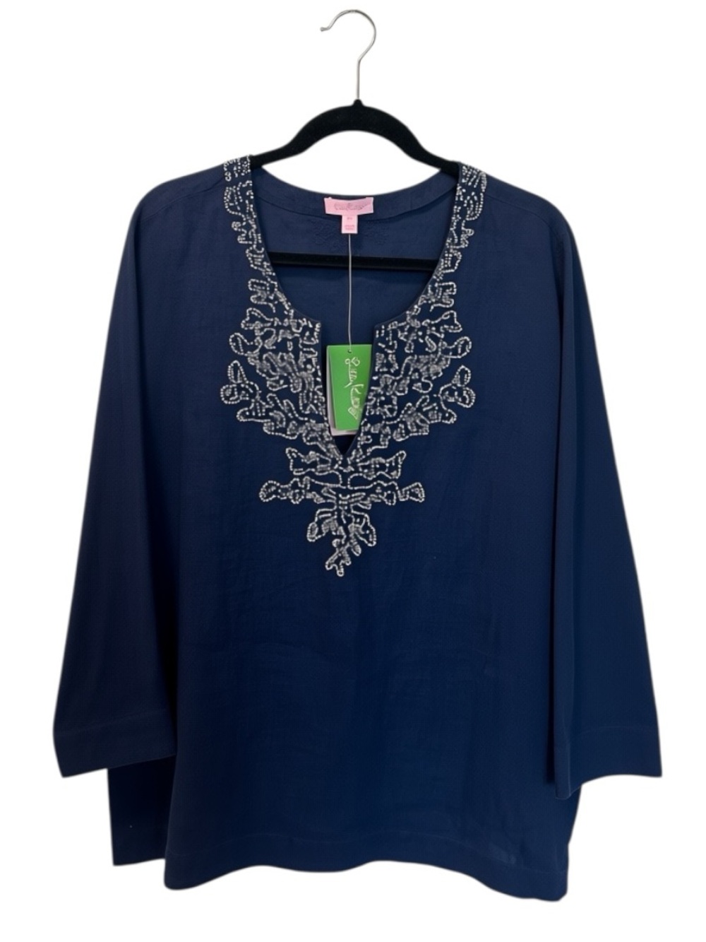 Lilly Pulitzer Amelia Island Beaded Linen Tunic Top Navy SZ XL Resort NWT